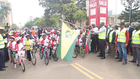 Nairobi governor Johnson Sakaja flagging off the annual Grand Bike Race on Sunday, November 20, 2022