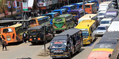 A file image of Matatus parked at a Bus stop in Nairobi County.