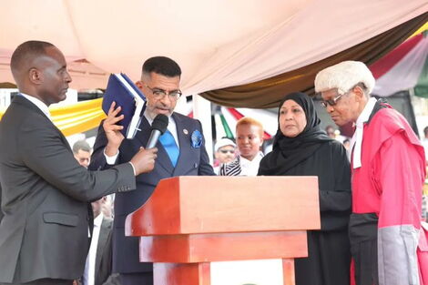 Mombasa Governor Abdulswamad Nassir takes his oath of office at the Mama Ngina Waterfront in Mombasa on September 15.