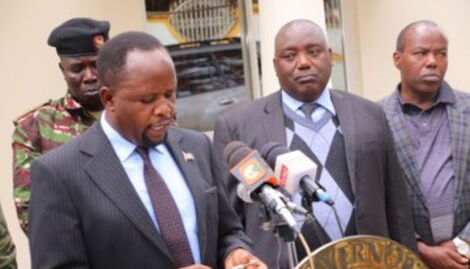 Trans-Nzoia Governor George Natembeya among other county officials issuing a statement on the Ebola outbreak on September 22, 2022