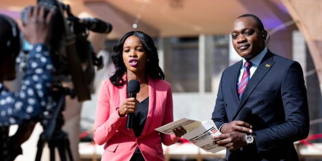 K24 TV anchor Michelle Ngele and her KTN News Counterpart Ken Mijungu during the Deputy Presidential Debate on Tuesday July 19, 2022