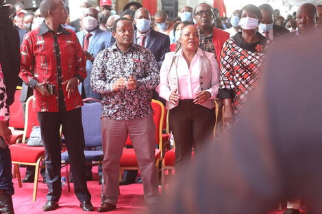 Nyeri Town MP Ngunjiri Wambugu (centre) and Kirinyaga Women Representative Purity Wangui Ngirici (right) at Sagana State Lodge on Wednesday, February 23, 2022