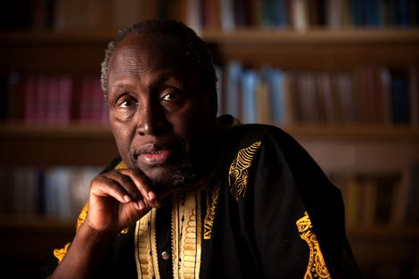 A photo of Ngugi wa Thiong'o in a library