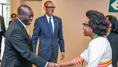Deputy President Rigathi Gachagua shaking hands with Njeri Rugane in the company of President of Rwanda Paul Kagame in a past event