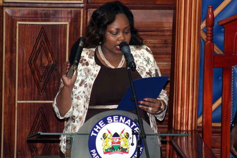 Nominated Senator Millicent Omanga taking the oath of office at Parliament buildings on August 31, 2017.