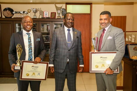 Kitutu Chache MP Mark Nyamita (Left), ODM party leader Raila Odinga (Centre) and Mvita MP Abdulswamad Nassir (Right) at Odinga's office in Nairobi on Tuesday, February 25, 2020.