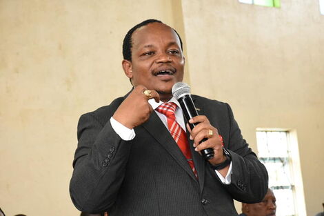 Former Nyeri Town Member of Parliament Ngunjiri Wambugu addresses members of the public during a consultative Building Bridges Initiatives (BBI) meeting at the ACK St. Peters Hall in Nyeri on Wednesday, February 26, 2020.