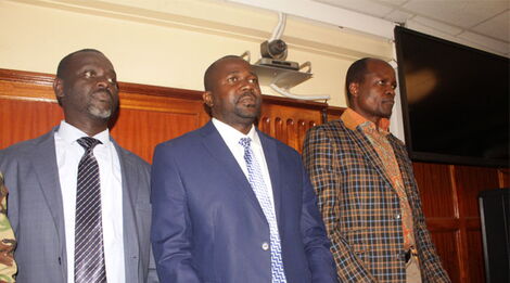 Undated image of Governor Okoth Obado, Michael Oyamo & Caspal Obiero at the Milimani Law Courts