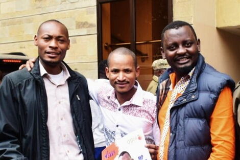 ODM National Youth Coordinator Benson Musungu in the company of Embakasi East MP Babu Owino and a colleague in Kibra in 2019.