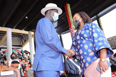 ODM leader Raila Odinga and Kirinyaga Governor Anne Waiguru addressed Kenyans attending the Mashujaa Day celebrations at Wang'uru Stadium in Mwea on October 20, 2021.