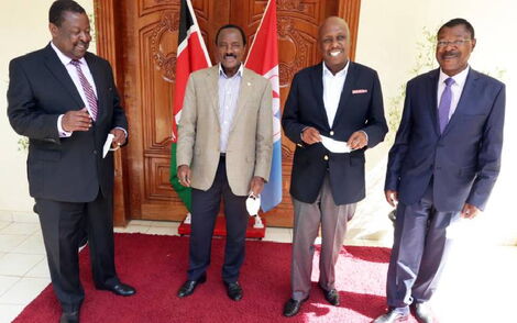 From left: One Kenya Alliance (OKA) co-principals Musalia Mudavadi, Kalonzo Musyoka, Gideon Moi and Moses Wetangula address the media in Nairobi on May 18, 2021.