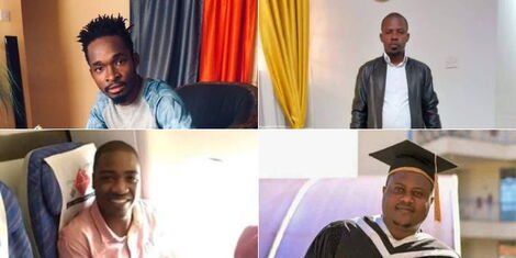 A collage image of social media influencer Frank Obegi (TOP LEFT) and three men whose bodies were discovered in Kijabe Forest, Kiambu County.