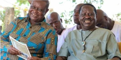 Oburu Odinga (left) and his brother ODM party leader Raila Odinga (right) at an event in june 19, 2019