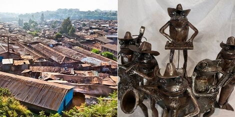 A collage image of Kibera slums in Nairobi (LEFT) and Frog sculptures by Samuel Ochanda (RIGHT).
