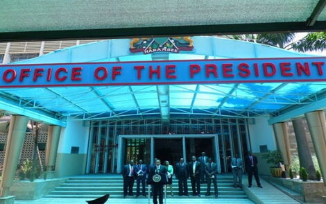 President Uhuru Kenyatta gives an address in front of Harambee House in Nairobi CBD.