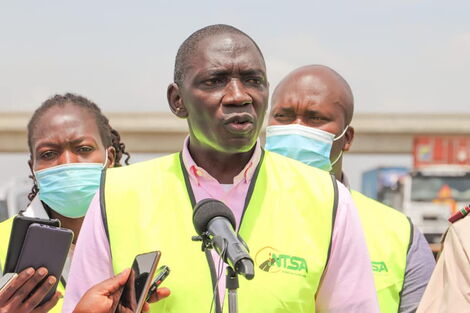 Government Cyrus Oguna speaking during the a road safety awareness campaign along Mombasa Road on Friday February 25, 2022
