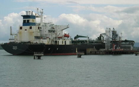 An oil tanker, Mt Frixos, discharges crude oil at Kipevu terminal at the port of Mombasa