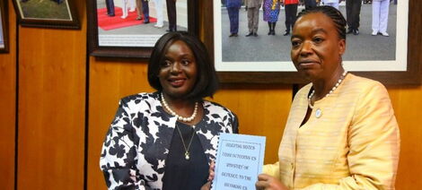 Foreign Affairs CS Raychelle Omamo and Defence CS Monica Juma during the Hand Over Ceremony at Defence Headquarters on Thursday 23rd January 2020.