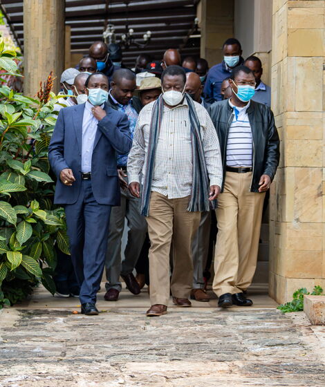 Wiper Party Leader Kalonzo Musyoka (left), ANC Party Leader Musalia Mudavadi (middle), and FORD-Kenya Party Leader Moses Wetangula (right) during One Kenya Alliance meeting held at Hermosa Gardens in Karen on Tuesday, July 20, 2021.