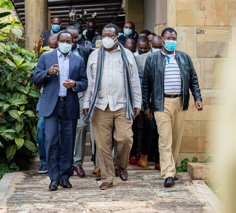 Wiper Party Leader Kalonzo Musyoka (left), ANC Party Leader Musalia Mudavadi (middle), and FORD-Kenya Party Leader Moses Wetangula (right) during One Kenya Alliance meeting held at Hermosa Gardens in Karen on Tuesday, July 20, 2021.