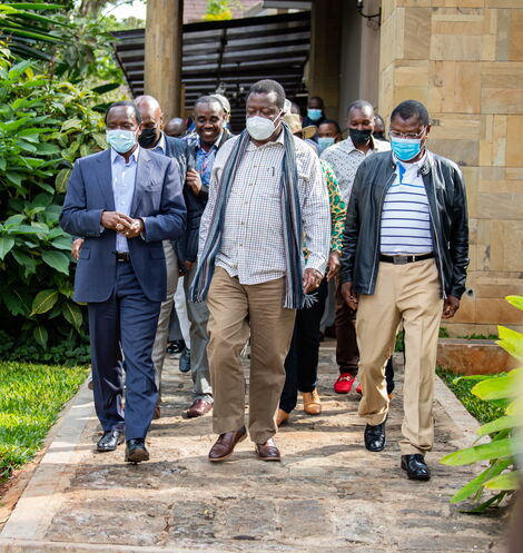Wiper Party Leader Kalonzo Musyoka (left), ANC Party Leader Musalia Mudavadi (middle), and FORD-Kenya Party Leader Moses Wetangula (right) during One Kenya Alliance meeting held at Hermosa Gardens in Karen on Tuesday, July 20, 2021.