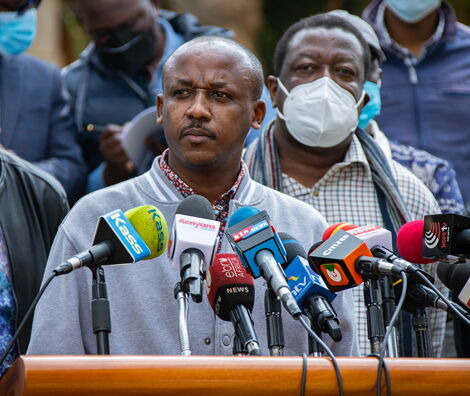 Makueni Senator Mutula Kilonzo Jnr addressing journalists One Kenya Alliance meeting held at Hermosa Gardens in Karen on Tuesday, July 20, 2021.