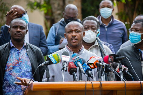 Makueni Senator Mutula Kilonzo Jnr addressing journalists One Kenya Alliance meeting held at Hermosa Gardens in Karen on Tuesday, July 20, 2021.