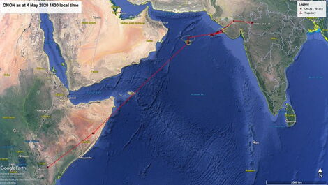 A map indicating Onon's path from Kenya to India