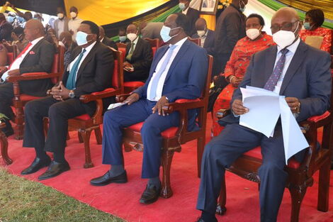 Devolution CS Eugene Wamalwa (second left), Kakamega Governor Wycliffe Oparanya (second right) and Kisii Governor James Ongwae (right) during the swearing-in of Nyamira Governor Amos Nyaribo on December 29, 2020.