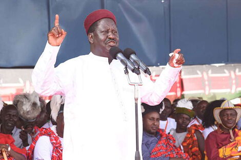 Orange Democratic Movement leader Raila Odinga addresses participants during the Turkana Tourism and Cultural Festivals at Ekalees Centre in Turkana County on August 16, 2019.