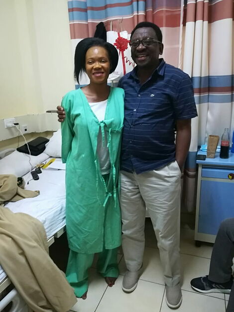 Siaya Senator James Orengo poses for a photo with Lady Maureen when he paid her a visit at St. Francis Hospital, Kasarani on July 18, 2018.
