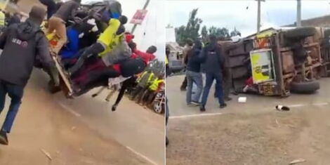 A collage of the campaign vehicle of South Mugirango MP Silvanus Osoro overturning in Kisii province.