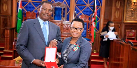 Former National Assembly Speaker Justin Muturi and the assembly's acting clerk Serah Kioko.
