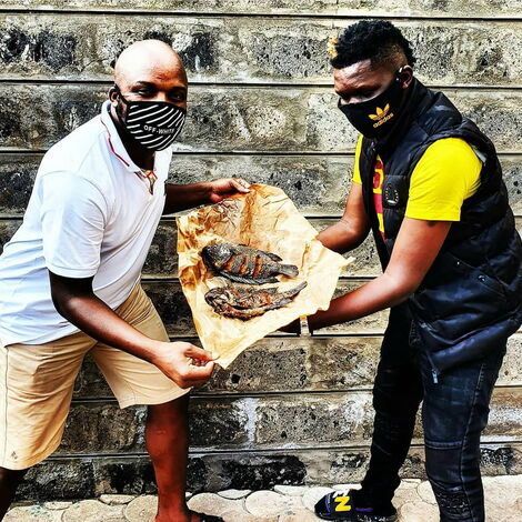 From left: Comedians Felix Odiwour (Jalang'o) and Owago Onyiro pose for a photo before cooking a meal on Jalaang'os YouTube Show Bonga na Jalas on Monday, May 4, 2020