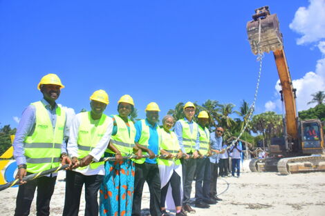 Information and Communications (ICT) Cabinet Secretary Joe Mucheru and Telcom CEO Mugo Kibati at the launch of the PEACE cable in Mombasa on Tuesday, March 29, 2022.