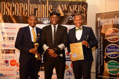 Expeditions Maasai Safaris CEO Pancras Karema and Managing Director Lawrence Gitonga with Comedian Captain Otoyo at Hilton Hotel, Nairobi on October 30, 2021.