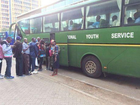 People boarding an NYS commuter bus at a stage in Nairobi