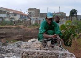 Photo of a worker of Komb Green Solutions fixing a gabion along the Nairobi River taken on May 14, 2021.
