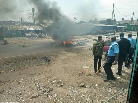 Police in action at Maringo area in South B following fiery demonstrations, May 14, 2020.