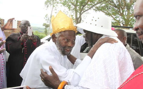 Pope Romanus Ong'ombe and Pope Raphael Adika meet for the first time in ten years at St Michael Kwayo Mapera Legio Maria Church on May 19, 2019.