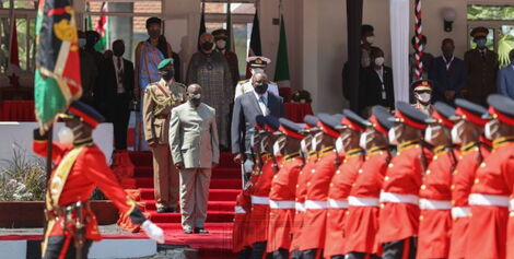 President Uhuru Kenyatta (in black suit) and his Burundi counterpart Evariste Ndayishimiye at Kisumu State Lodge on Monday, May 31, 2021.