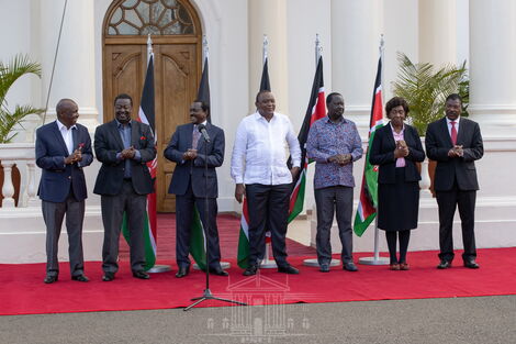 President Uhuru Kenyatta (in white) with other political leaders during an address at State House on Thursday, February 25, 2021.