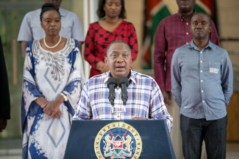 A photo of President Uhuru Kenyatta issuing an address at Harambee House on Sunday, March 15, 2020.