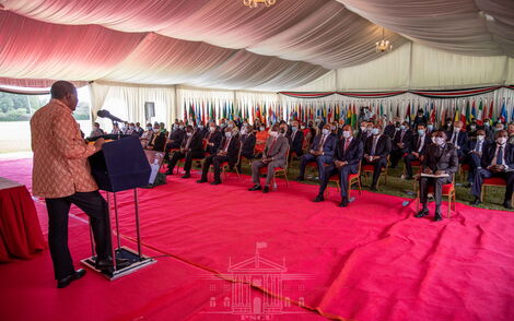 President Uhuru Kenyatta addressing the annual presidential briefing to the diplomatic corps at State House on March 4, 2021
