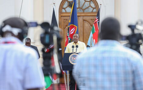 President Uhuru Kenyatta addressing the nation from State House Nairobi on April 6, 2020. He issued new directives regarding the governments move to combat Covid-19.