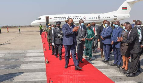 President Uhuru Kenyatta and his team of delegates arrive at the inauguration ceremony of Zambia's new President Hakainde Hichilema.