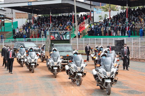 President Uhuru Kenyatta arrives at the Gusii stadium on Mashujaa Day October 20, 2020.