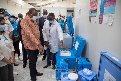 President Uhuru Kenyatta inspecting the Central Vaccine Depot in Kitengela, Kajiado County on March 4, 2021