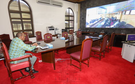 President Uhuru Kenyatta pictured during the virtual meeting with the special coronavirus emergency taskforce on April 1, 2020.