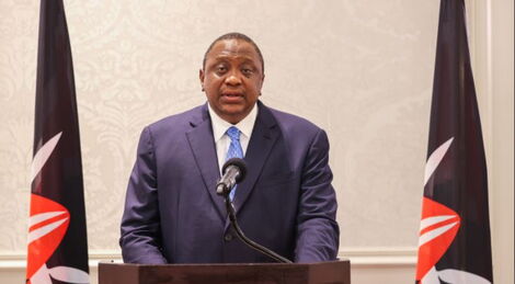 President Uhuru Kenyatta speaks to a delegation at United Nations office in New York on Tuesday, October 12, 2021.